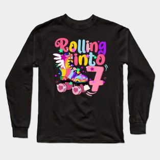 rolling into 7 - 7th birthday girl roller skates theme party Long Sleeve T-Shirt